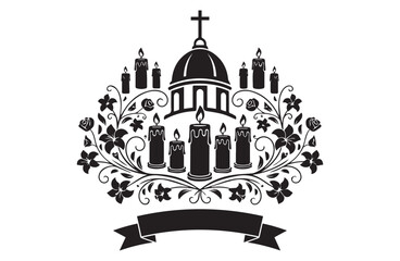 Ornate black and white illustration of a church dome surrounded by lit candles and floral elements with a banner below