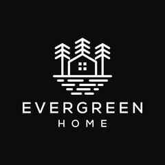 traditional wooden forest house, villa wooden cottage with pine trees for holiday logo design vector template