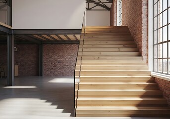 Obraz premium Minimalist design showcasing wooden staircase within urban loft space