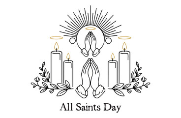 Elegant line art illustration of praying hands and candles with halos and radiating light for all saints day celebration