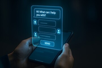 Holographic chat interface floating above smartphone for support