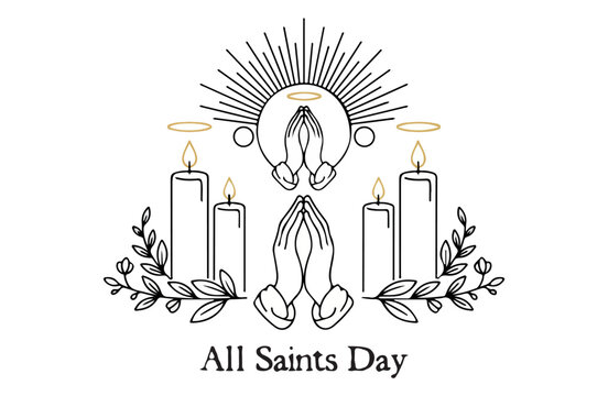 Elegant line art illustration of praying hands and candles with halos and radiating light for all saints day celebration