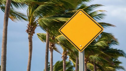 Naklejka premium Tropical cyclone Blank yellow sign beside palm trees under a cloudy sky.