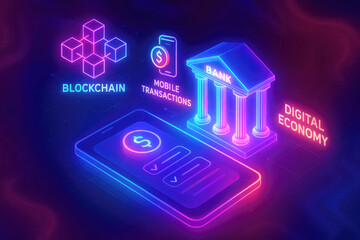 Neon glowing blockchain mobile transactions bank and digital economy concept fintech