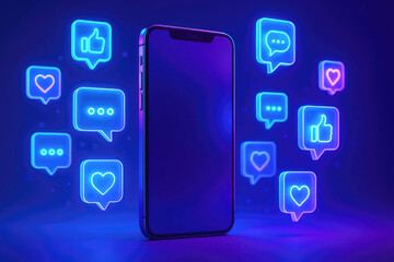 Neon blue social media Icons like hearts and thumbs up float around a dark smartphone screen mobile phone