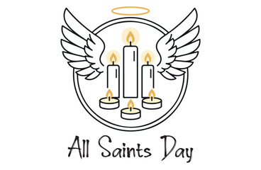 All saints day illustration featuring a haloed oval framed by angelic wings with lit candles and the text all saints day