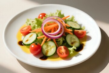 A vibrant and healthy mixed vegetable salad with a balsamic vinaigrette dressing, served on a white plate under natural sunlight