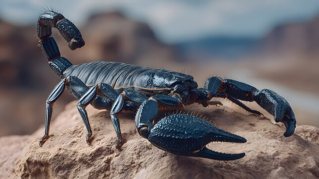 Intricate close-up of a powerful black scorpion poised on desert rock, showcasing its menacing claws and segmented tail against a blurred arid landscape - Powered by Adobe