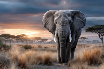 Obraz premium Majestic Elephant at Sunrise in African Savanna