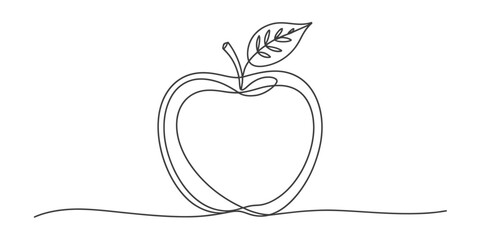 Abstract continuous one line drawing of an apple with a leaf minimalist art simple illustration vector