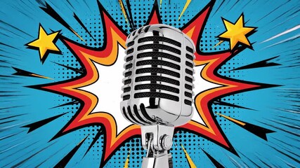 Old fashioned silver microphone fronting a vibrant pop art explosion with comic halftone effects, animated sound waves, stars and colorful patterns for music, podcasting and broadcast - Powered by Adobe