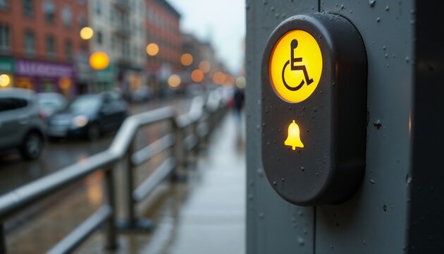 Accessibility button with wheelchair symbol and bell icon on city street, urban safety and inclusion concept in rainy evening light
