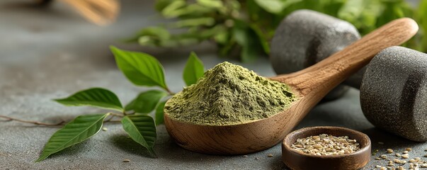 Flat lay of yerba mate leaves, fitness gear, and protein snacks, vibrant tones, healthy active living concept