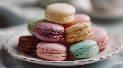 Fototapeta premium A colorful stack of French arons piled high on a delicate white porcelain plate