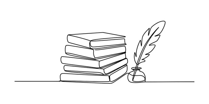 A stack of books and a feather quill pen with inkwell rendered in a single continuous line drawing style vector