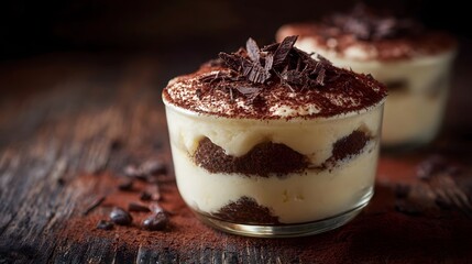 Elegant Tiramisu dessert served in glass dusted with cocoa powder and topped with chocolate shavings
