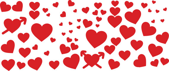 A collection of red hearts of various sizes scattered across a