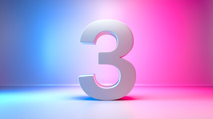Naklejka premium White number three on a gradient background with pink and blue neon light.