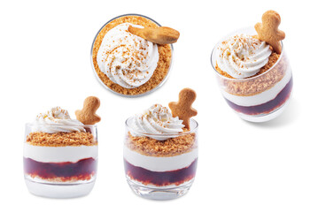 Greek yogurt cranberry jam gingerbread cookies parfait in a glass for Christmas holidays on a white isolated background