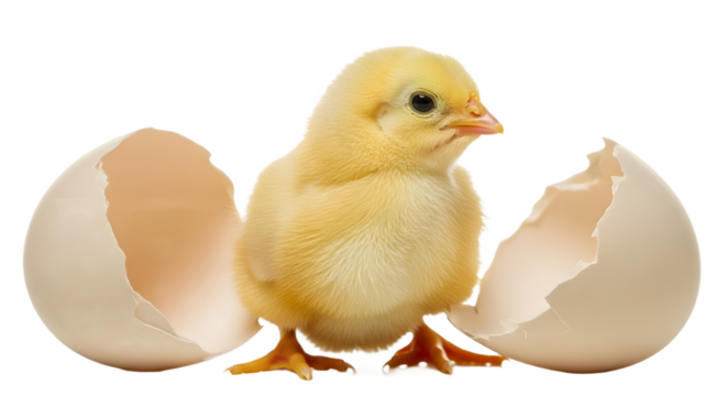 A chick standing in front of broken eggshells on transparent background