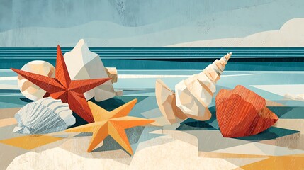 A contemporary geometric interpretation of the beach scene, where seashells and starfish are stylized into clean, angular shapes made with Ai 1