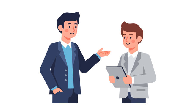 Business Discussion Between Two Colleagues with Tablet on Black Background Digital Illustration