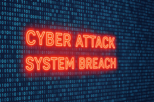 Red neon text Cyber Attack System Breach on a dark blue binary code background digital technology