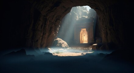 Mysterious cave entrance revealing an ancient temple with steps and light rays. Spiritual journey and exploration concept for adventure story.