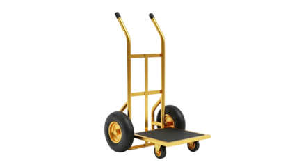 A golden hand truck with black wheels and platform on transparent background