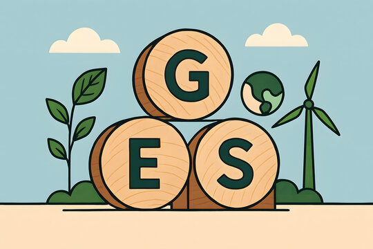 Sustainable Earth: A visually compelling illustration showcases the essence of sustainability through the integration of wooden elements, representing the letters GES.