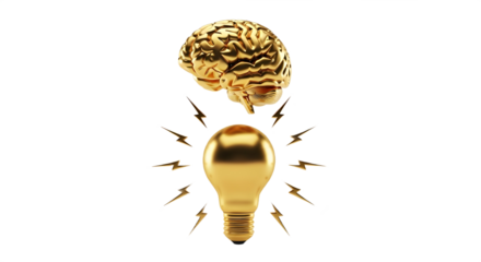 A golden brain and lightbulb with lightning bolts on transparent background