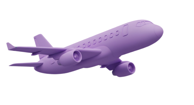 A purple airplane flying in a black background view on transparent background