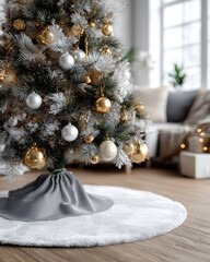 Frosted evergreen branches adorned with metallic ornaments rest above a plush white tree skirt on a wooden floor