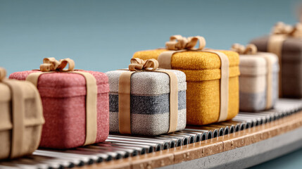 A conveyor belt of brightly colored gift boxes. Shopping, delivery, and e-commerce concept. Holiday delivery.