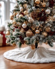 Flocked evergreen holiday decoration rests upon a plush white base covering the floor