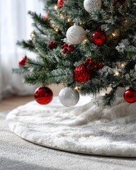 Flocked evergreen branches adorn a holiday decoration featuring glittering red and silver baubles resting above a plush white tree skirt