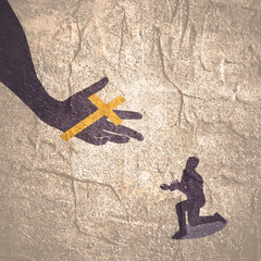 Christian cross in male hand and prayer. Giving hands. Christianity concept illustration.