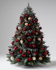 Fully decorated artificial evergreen displays festive ornaments and soft lights against a neutral background