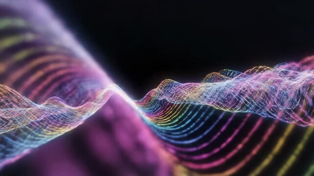 Abstract digital audio sound wave oscillating on a dark background, a futuristic glowing spectrum waveform representing music, voice recognition, big data, or artificial intelligence