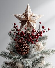 Decorative seasonal tree topper featuring a textured star, pinecone, and bright red berries rests upon frosted evergreen branches.