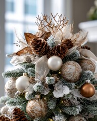 Evergreen branches adorned with frosted decorations and bronze ornaments create a festive holiday display