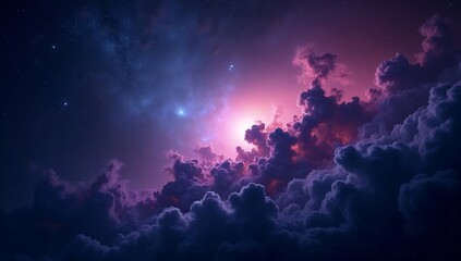 Naklejka premium Cosmic Celestial Landscape: Vibrant Nebula Hues with Stellar Reflections in the Starlit Sky