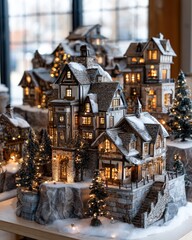 Miniature illuminated village scene displays detailed, snow-dusted architecture and surrounding festive trees