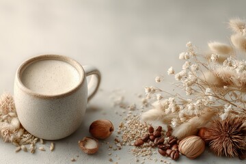 Artistic composition of yerba mate drink with textural coffee elements fading away, clean neutral background, wellness lifestyle theme