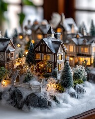 Miniature illuminated village scene depicts quaint buildings nestled in a snowy, illuminated landscape