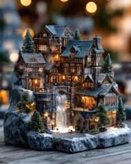 Miniature illuminated alpine village scene features rustic architecture cascading beside a flowing water feature