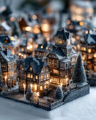 Miniature European village scene displays illuminated windows amidst freshly fallen snow