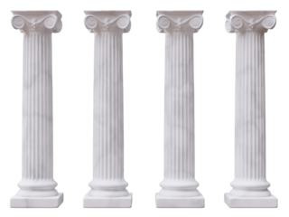 Classical pillars, four ancient Greek columns isolated on white, transparent. Marble pedestals