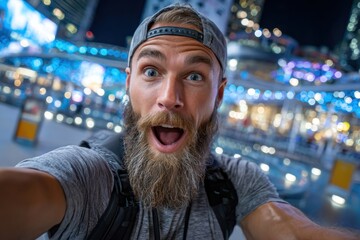 Surprised Tourist Takes Selfie at Night in City