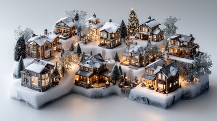 Miniature illuminated village houses rest upon a snowy, tiered landscape